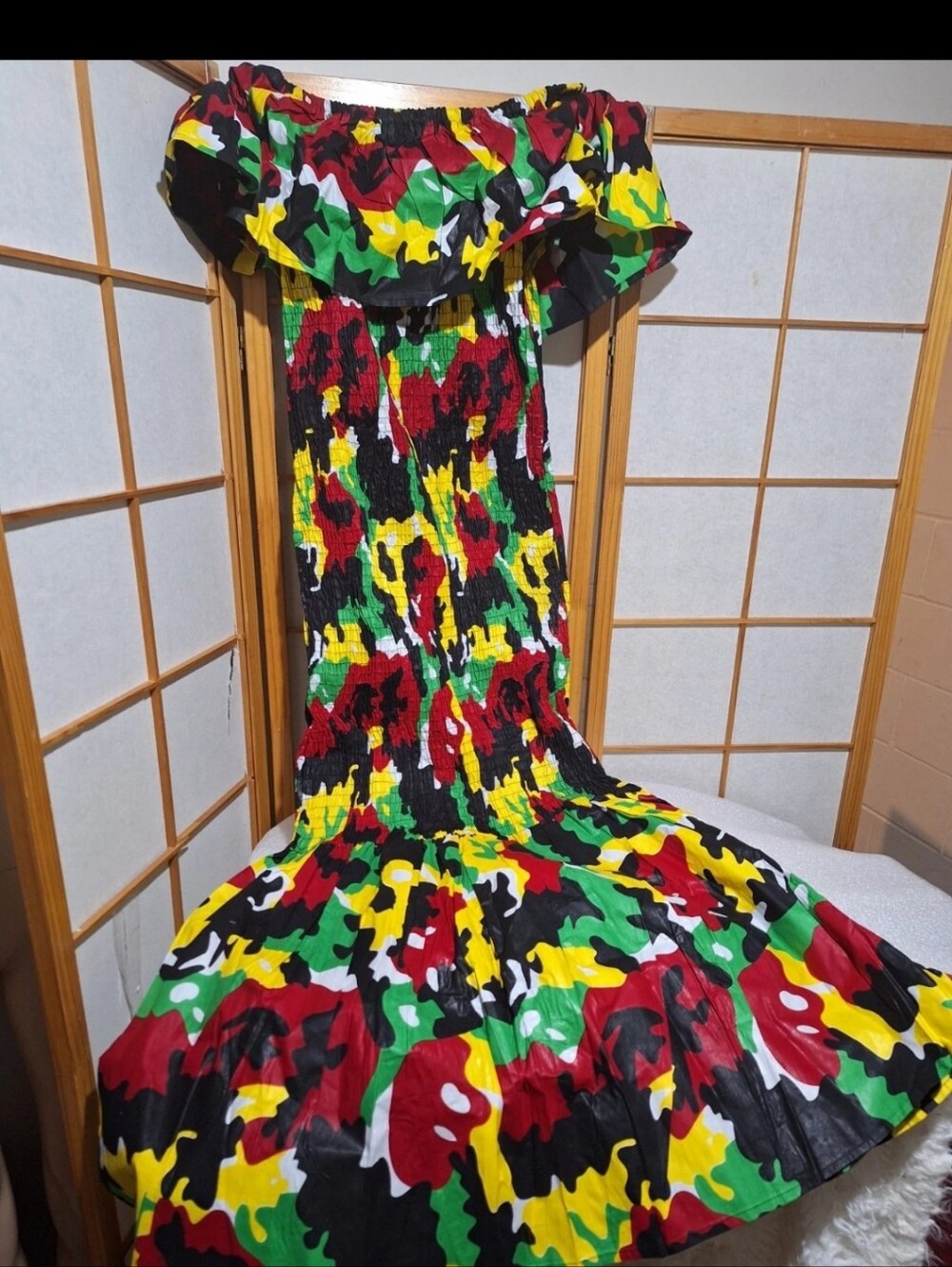 Women  Off-Shoulder Ruffled Maxi Dress in Red, Green & Yellow. African Print.
